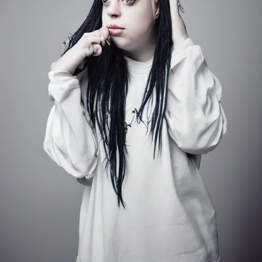 Prompt: Adult Billie Eilish modeling, Canon EOS R5, f/1.4, ISO 200, 1/160s, 8K, RAW, unedited, symmetrical balance, in-frame