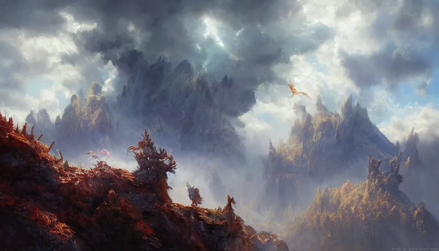 Image similar to excellent painted deamon in an epic and magical landscape from another dimension with fluffy clouds, painted by Hans Fredrik Gude, Greg Rutkowksi, Craig Mullins and Artgerm, concept art 2022, 4k, ultra realistic highly detailed oil painting
