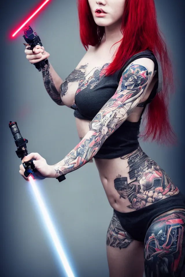 Prompt: Hot young woman with grey skin, red hair, tattoos, wearing cyborg components and holding advanced laser sword , hyperrealistic, photorealistic, HDR, volumetric lighting, bokeh