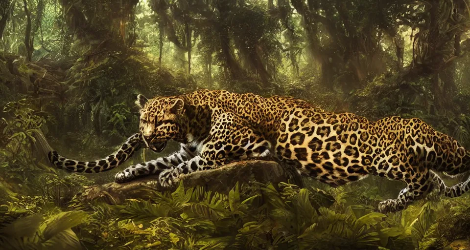 Prompt: wide angle shot of a cybernetic leopard in a jungle environment, dramatic lighting, cinematic, cgsociety, artstation, 4k