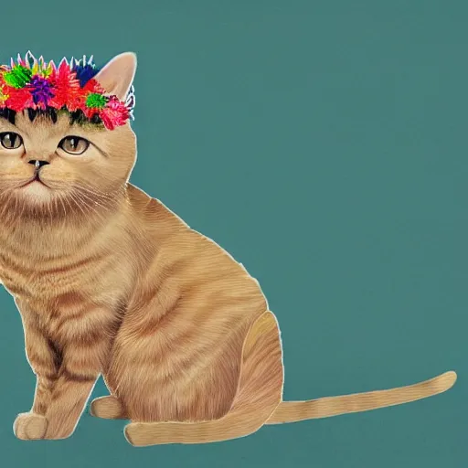 Prompt: british shorthair cat with colorful fur made of leaves and flower crown detailed painting 4 k