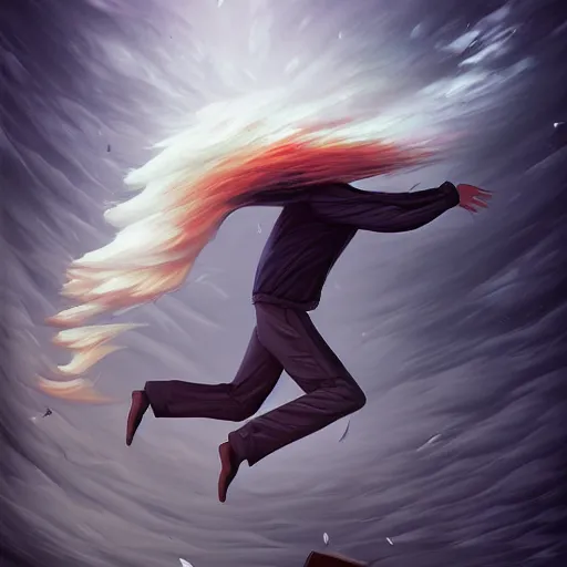 Prompt: a man breaking apart into particles blowing away in the wind, by cyril rolando, detailed, small details,