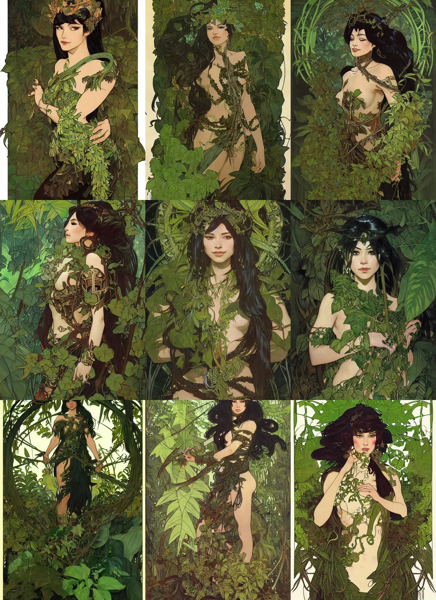 Prompt: jungle queen, armor made of leaves and vines, green, black hair, brown skin, high fantasy, dnd, smooth, sharp focus, illustration, by rossdraws, alphonse mucha, frank fanzzeta