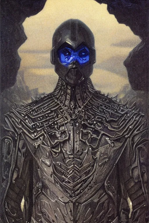 Image similar to portrait of beautiful gothic and futuristic young man, warcpace, cyber and rocks armor, a lot of more and more scars, thunderstorm, blueack with white head, the middle ages, highly detailed, artstation, illustration, more and more composision, 8 k quality, art by jean delville, rene magritte