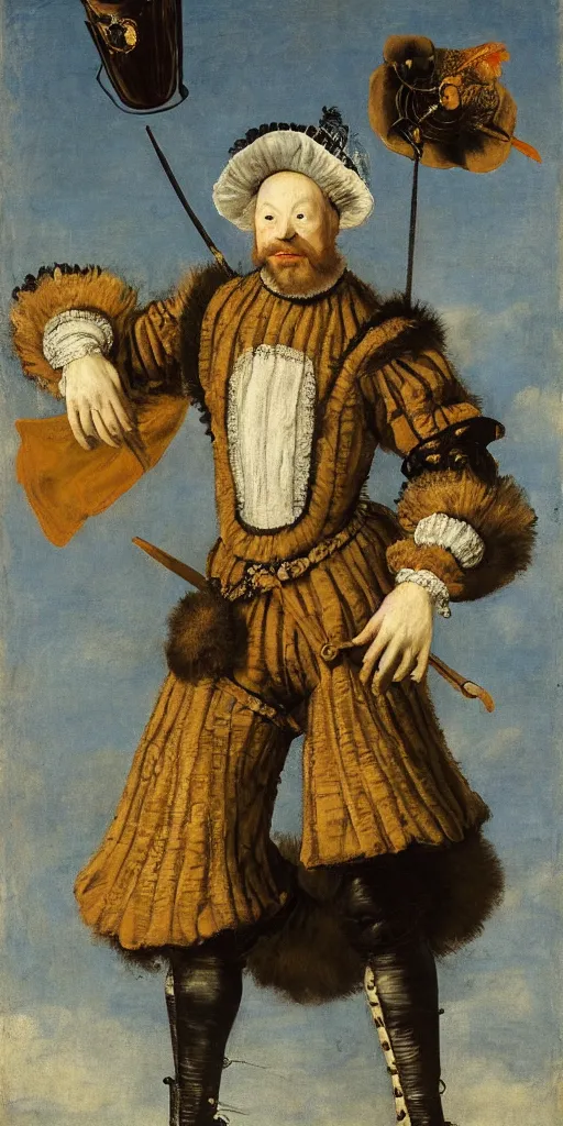 Prompt: faceless man flies over a landscape, he is wearing a comedy mask, he is wearing elizabethan boots and ruff, he carries a broadsword in his left hand, painted by frans hals, dramatic theater lighting