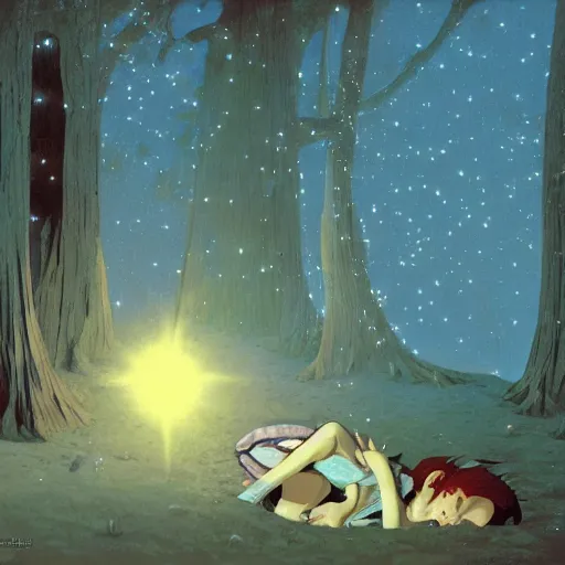 Image similar to several tiny fairies shown as balls of light clustered around the sleeping body of a young boy. By Makoto shinkai. Angus McBride. WLOP. Masterpiece.