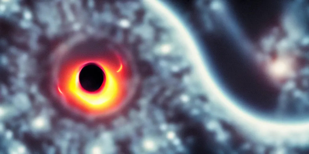 Image similar to polaroid photo of black hole in space, close up, futuristic light, trending on artstation, retro photography