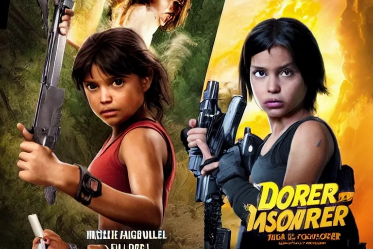 Image similar to Isabela Merced as Dora the Explorer vs Angelina Jolie as Lara Croft, movie poster, film by Michael Bay