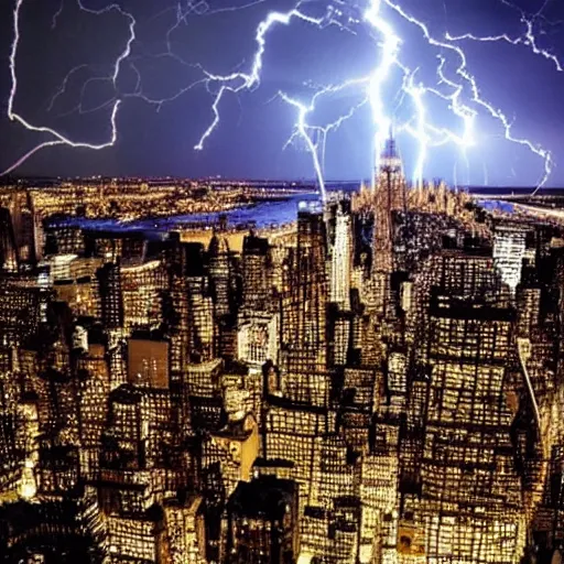 Prompt: giant hulk hogan appears above new york with lightning powers, photograph,