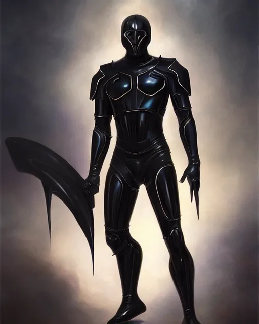 Image similar to iridescent sinewy smooth muscular male sleek glossy black pearlescent scifi armor with smooth black featureless helmet, by greg rutkowski and mark brookes and jim burns and tom bagshaw and magali villeneuve, trending on artstation