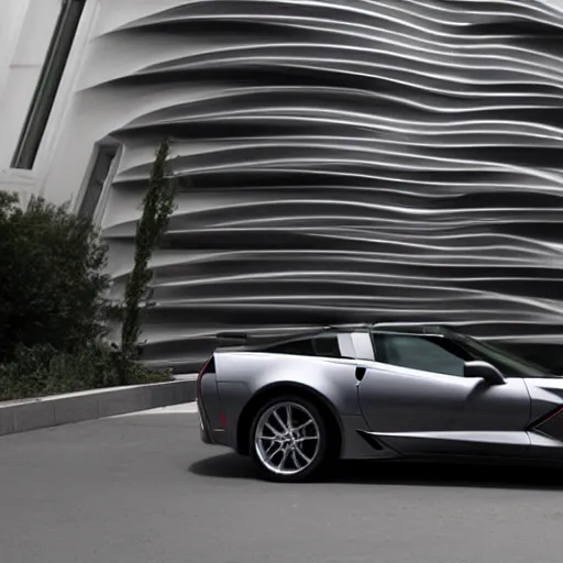 Image similar to corvette on front of building designed by zaha hadid, photorealistic, morning light