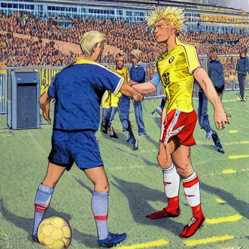 Image similar to a blonde man inspecting a soccer game from the stands. happy, colorful Epic portrait by james gurney and mœbius.