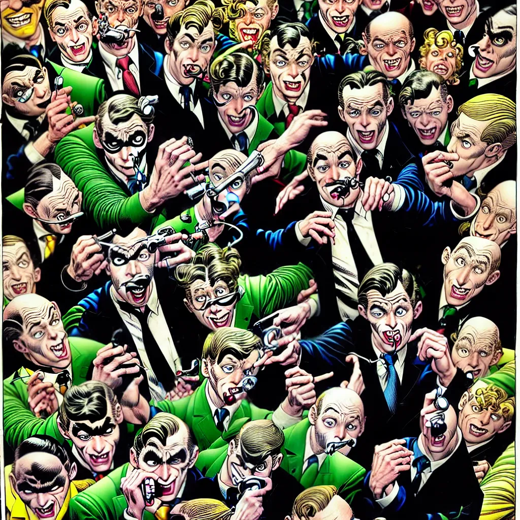 Image similar to drawing of gotham city's finest investigative reporter jack ryder with 1 4 tiny jokers reaching out of his mouth, 4 k art by brian bolland, graphic novel cover art