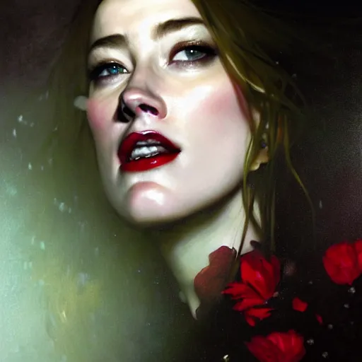 Prompt: hyperrealistic portrait of a woman as amber heard as a vampire witch grin in a black coat closing a window over the shoulder shot among falling petals. by jeremy mann and alphonse mucha, fantasy art, photo realistic, dynamic lighting, artstation, poster, volumetric lighting, very detailed faces, 4 k, award winning