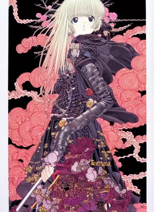 Image similar to highly detailed artstation katsuhiro otomo fluorescent fantastic fate manga poster of princess mechine, minaba hideo, takato yamamoto, long hair, armor, laces, ruffles, 8 k, maximalist, art nouveau,