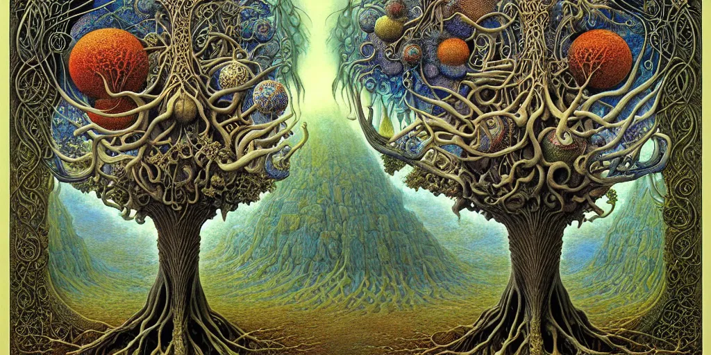 Image similar to tree of life by roger dean and andrew ferez, art forms of nature by ernst haeckel, divine chaos engine, symbolist, visionary, art nouveau, botanical fractal structures, organic, detailed, realistic, surreality