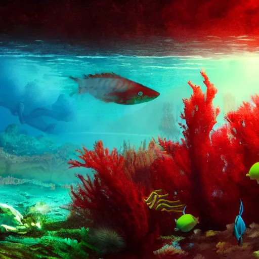 Image similar to underwater view of a strange alien world, some washed out red and green plant life, small alien fish swimming in the background, deep blue sea color, artstation