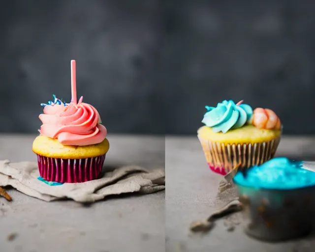 Image similar to dslr food photograph of a cupcake with colored frosting and a shrimp on top, 5 0 mm f 1. 4