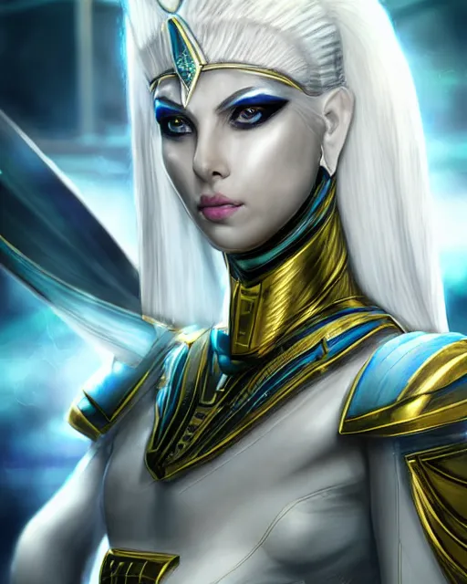 Image similar to perfect white haired attractive egyptian goddess, warframe armor, pharaoh headdress, beautiful, symmetric, dreamy, half asian, pretty face, green eyes, charlize theron, detailed, scifi platform, laboratory, experiment, 4 k, ultra realistic, epic lighting, android body, illuminated, cinematic, masterpiece, art by akihito tsukushi, voidstar