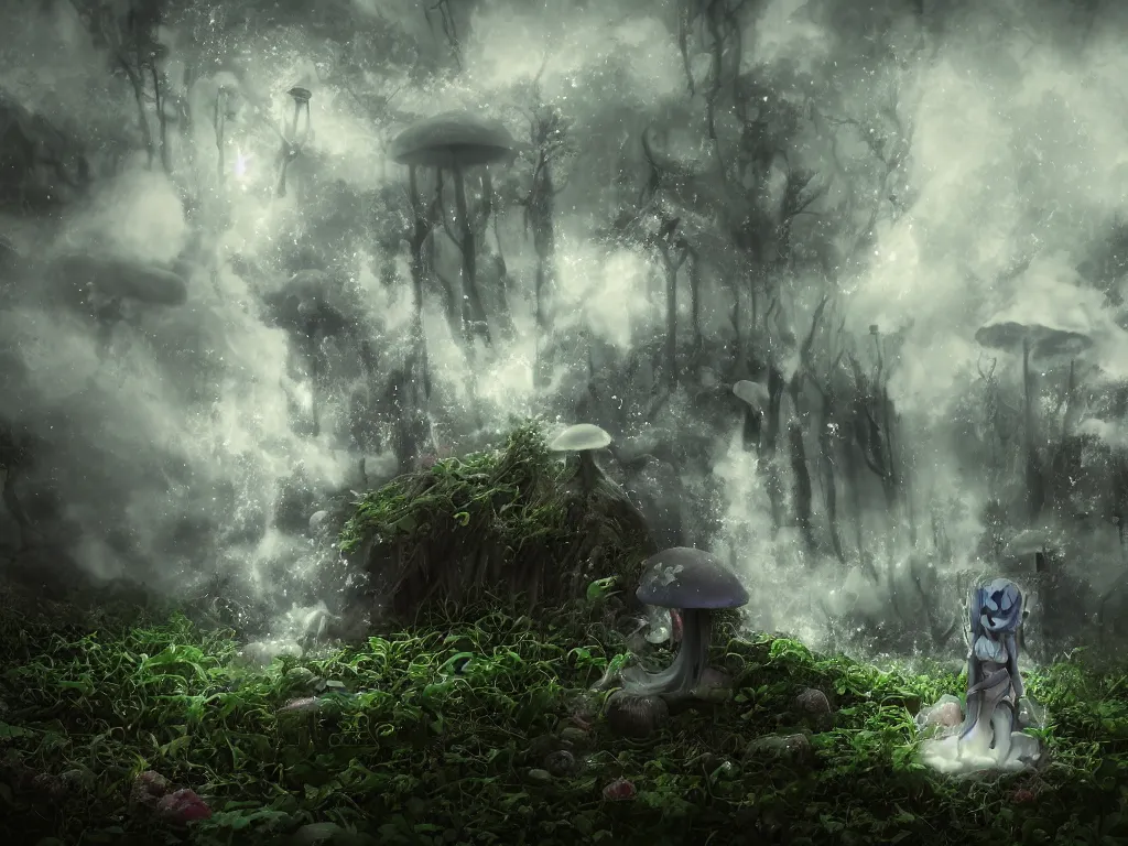 Image similar to cute fumo plush of a gothic maiden girl, inverse color, overdose, overgrown flooded mystical mushroom forest temple, mysterious ritual over tempestuous stormy water, wisps of volumetric vortices of glowing smoke and fog, vignette, vray