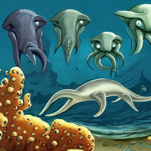 Prompt: deep sea plesiosaurus attacks squid