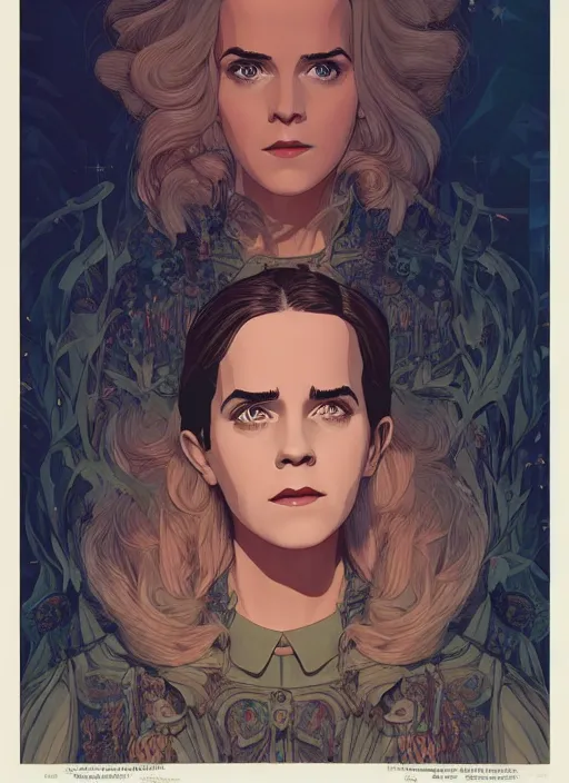 Image similar to poster artwork by Michael Whelan and Tomer Hanuka, Karol Bak Emma Watson and Kiernan Shipka in beauty pageant, from scene from Twin Peaks, clean