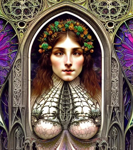 Image similar to hyperrealistic detailed face portrait of a beautiful young goddess morphing into a gothic cathedral, authentic ornamental architecture, intricate and highly detailed, awe inspiring art by ernst haeckel, h. r. giger, alphonso mucha, android jones, james jean, gothic, neo - gothic, heavily ornamental, nice deep colours,