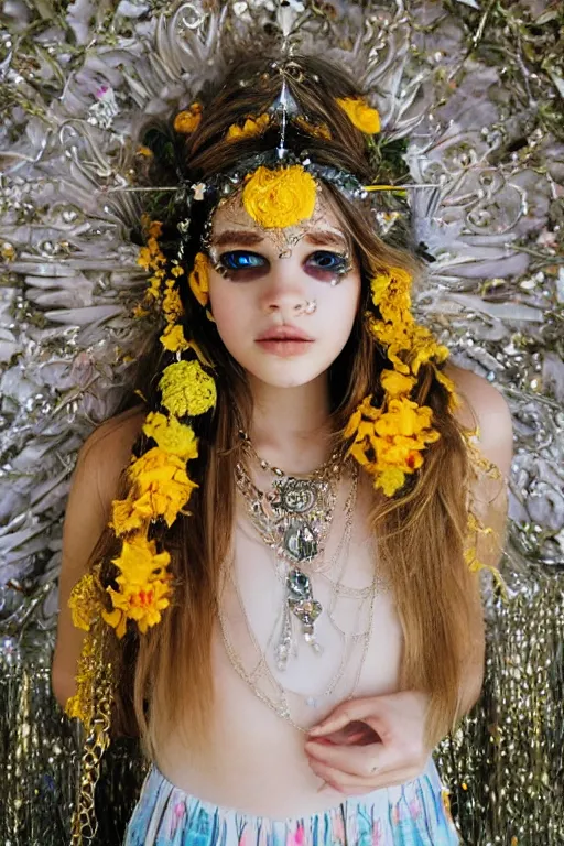 Image similar to light bohemian teen pinterest floral fantasy fashion zine photography, teen magical girl girl styled in a yellow and silver patterned bright dress layers geometric festival face paint and ornate crystal chain jewelry headpiece, elaborate enchanted ritual scene, wide shot