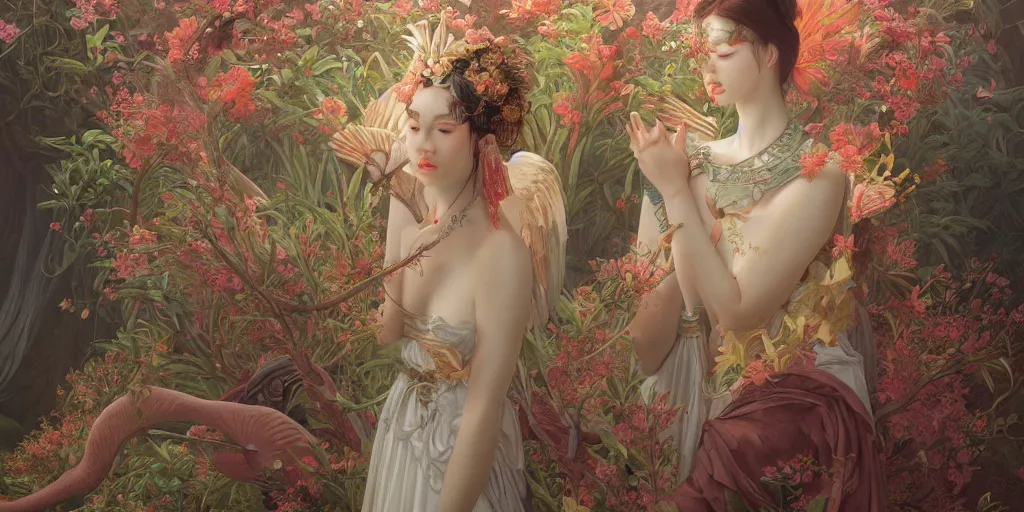 Image similar to breathtaking detailed concept art painting of the goddess of flamingo, orthodox saint, with anxious, piercing eyes, ornate background, amalgamation of leaves and flowers, by Hsiao-Ron Cheng and John James Audubon, extremely moody lighting, 8K