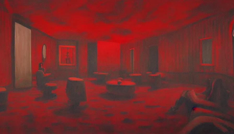 Prompt: jon hale painting of twin peaks red room, ominious, lynchian, visible textures, blurry