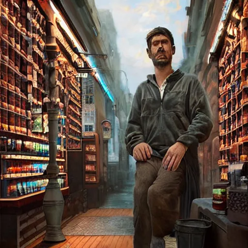 Image similar to giant gigarette with face of tired man standing in the front of tobacco store. smoke all around, ad campaign, commercial shoot, photoshoot, hyper realistic, digital painting. art station. mood lighting. skindness, highly detailed, concept art, intricate, sharp focus - h 1 2 0 0