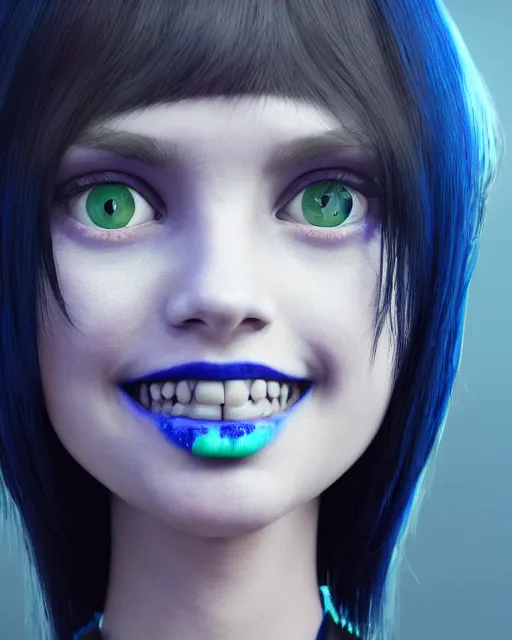 Image similar to teenage witch girl with black hair, blue eyes, sinister smile, octane render 、 unreal engine, behance, james jean