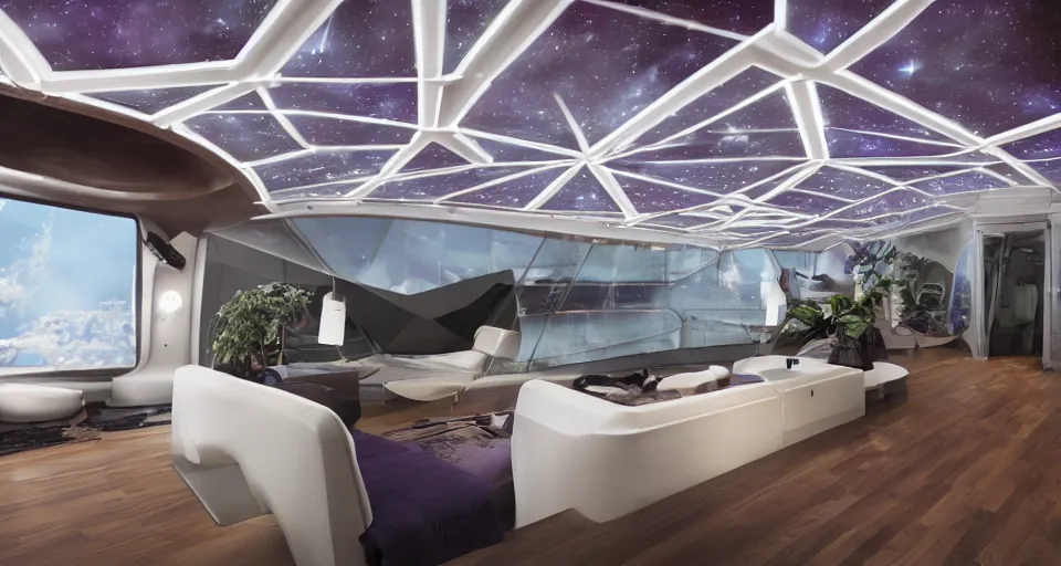 Prompt: Film still of the bridge of a space ship, stars and nebula outside, huge viewscreen at front, control panels, dark walnut wood effect, pot plants, organic, white leather, high end interior, soft warm light, purple highlights, simple ceiling, soft edges, calm feeling, Cinestill colour cinematography, anamorphic, detailed, 4k, 8k, intricate, digital art, matte painting