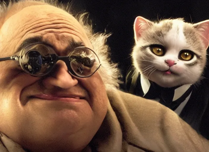 Image similar to film still of Danny Devito as Mr Mistoffelees!!! in Cats, 4k