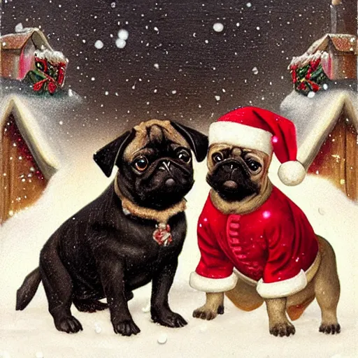 Prompt: studio portrait of two pugs puppies, one with black hair and the other with fawn hair, wearing a winter christmas sweater and a red santa hat, snow flakes in the air, light from above, renaissance era oil painting, warm light