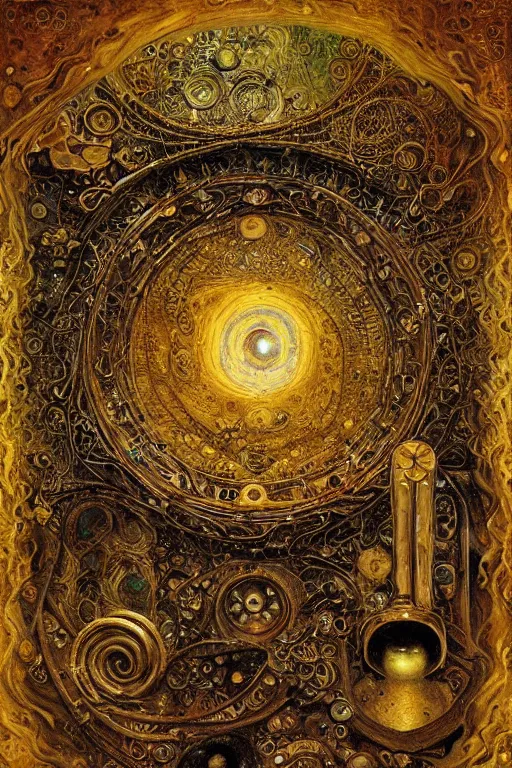 Prompt: The Helliquary by Karol Bak, Jean Deville, Gustav Klimt, and Vincent Van Gogh, lockbox, otherworldly, locks, vault, chains, fractal structures, arcane, inferno, inscribed runes, reliquary, infernal relics, ornate gilded medieval icon, third eye, spirals