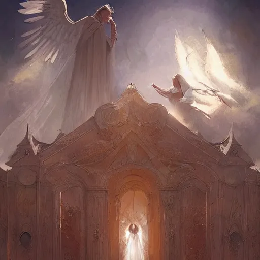 Prompt: priests crying while angels fly above them geog darrow greg rutkowski