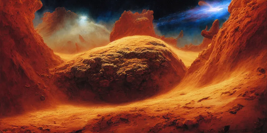 Image similar to supernova, alien surface planet, asteroids and fallings stars, volcano, lava river, red desert mars, painted by ruan jia, raymond swanland, lawrence alma tadema, zdzislaw beksinski, norman rockwell, jack kirby, tom lovell, alex malveda, greg staples