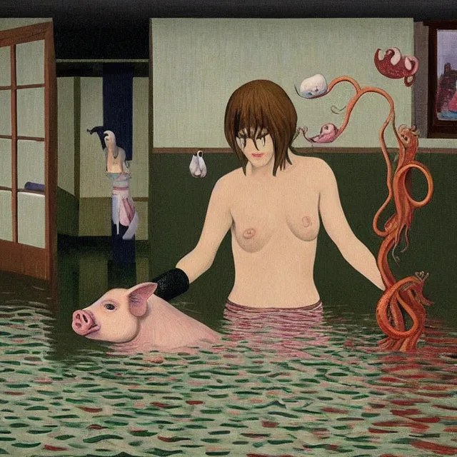 Image similar to tall female emo artist holding a pig in her flooded bathroom, mushrooms, octopus, water gushing from ceiling, painting of flood waters inside an artist's bathroom, a river flooding indoors, pomegranates, pigs, ikebana, zen, river, rapids, waterfall, black swans, canoe, berries, acrylic on canvas, surrealist, by magritte and monet