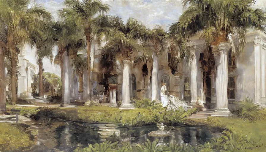 Prompt: artwork painting of the front of a florida building by eugene von guerard, ivan shishkin, john singer sargent