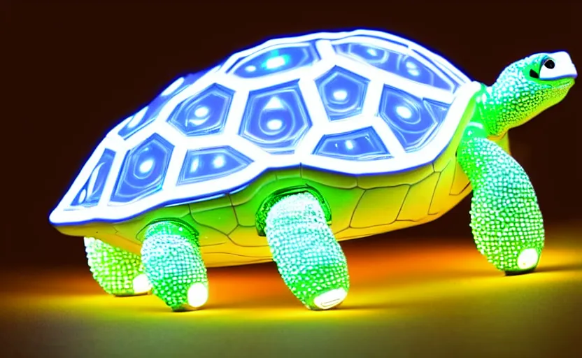 Image similar to artificial Intelligence turtle with its shell made out of modular-synth dials and knobs with a small AMOLED display, LED light accents, sleek design by apple, triple white colorway, modular-synth, VST, 4k, 33mm, high quality photo,