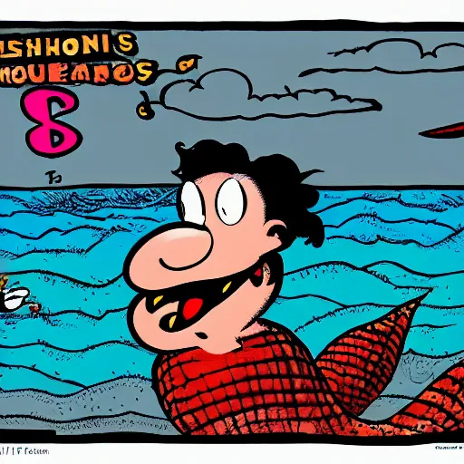 Image similar to cartoon of a man eating a mermaid by don martin, mad magazine, artstation