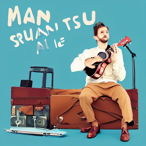 Prompt: album art, man sitting on top of an airbus playing ukulele, profile picture, digital art