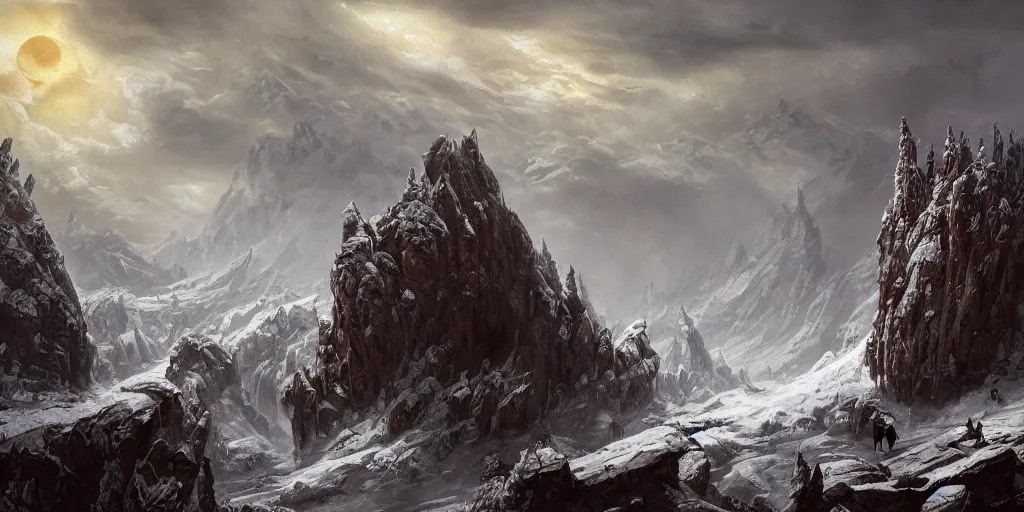 Prompt: Epic Exterior of The dragon's lair, craggy cliffs, swirling skies, blood moon, very ominous environment, icy ground, wintry light, snowy stunning atmosphere, god light, light shafts, epic realm, bloom, in style of Ivan Shishkin and in style of Greg Rutkowski