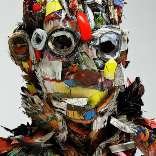 Image similar to a close up of a sculpture of a person wearing a chainsaw mask, an abstract sculpture by John Chamberlain, pinterest contest winner, toyism, made of trash, made of feathers, made of plastic