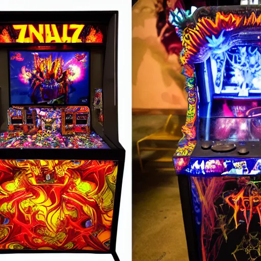 Image similar to satanic arcade filled with demonic arcade cabinets by spider zero, benoit b. mandelbrot, jeff koons, chihuly, trending on artstation # chihuly