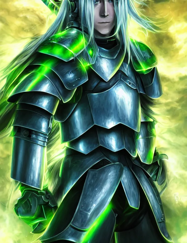 Image similar to an anime portrait of a long haired blonde man with blue eyes in green plate armour glowing with green energy, trending on artstation, digital art, 4 k resolution, detailed, high quality, sharp focus, hq artwork, coherent, insane detail