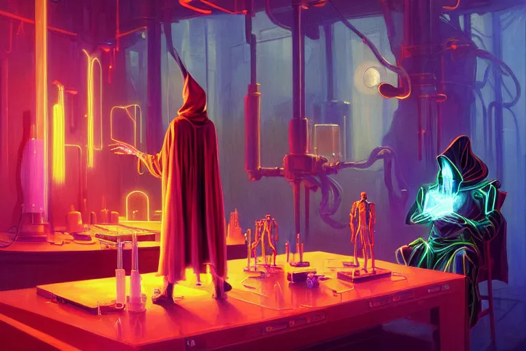 Prompt: a beautiful masterpiece painting of a cybernetic technomancer wizard in robes with pointed hood discussing sentience with 3 of his synthesized AI djinn in his laboratory near a computer by Remedios Varo and Anato Finnstark and Greg Rutkowski, dayglo pink, dayglo blue, dazzle camouflage!, 8k, trending on ArtStation