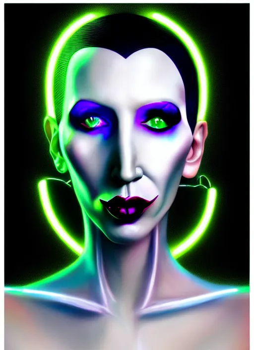 Image similar to portrait of marilyn manson cyber humanoid, intricate, elegant, cyber neon lights, highly detailed, digital painting, artstation, glamor pose, concept art, smooth, sharp focus, illustration, art by artgerm and greg rutkowski