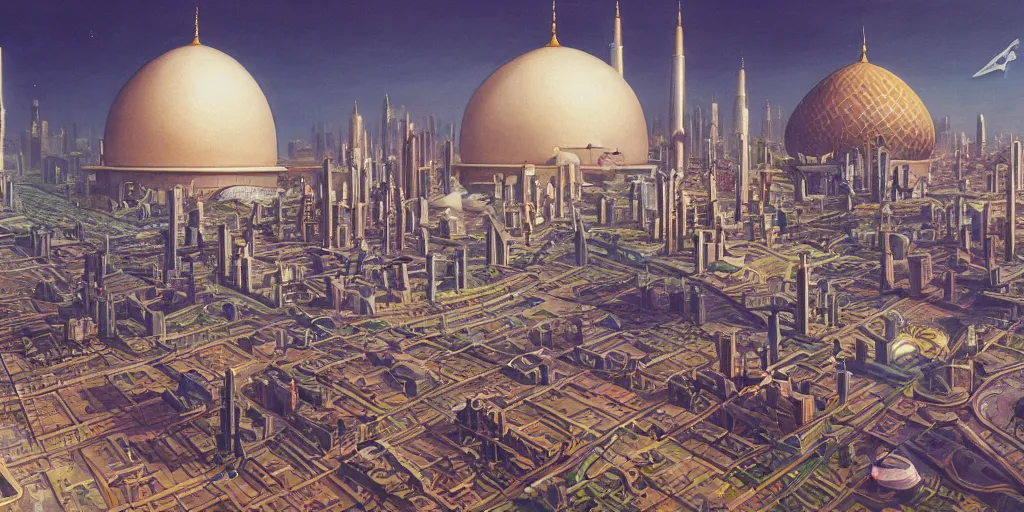 Image similar to a beautiful painting of futuristic islamic city with dome and croweded street alot of people by angus mckie, trending on artstation